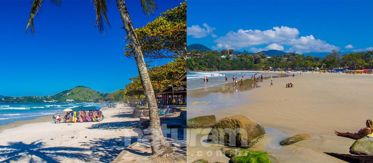 Fotos de duas praias de Ubatuba na baixa temporada. Praia Grande no lado esquerdo, e praia do Tenório no lado direito.